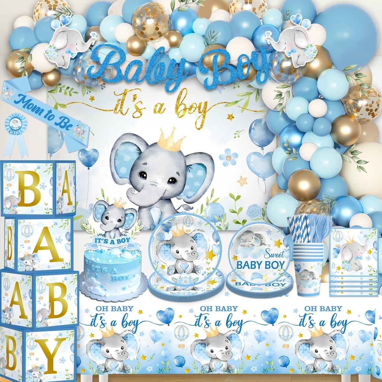 260PCS Elephant Baby Shower Decorations, All-in-1 Party Pack, Includes 20 Elephant Theme